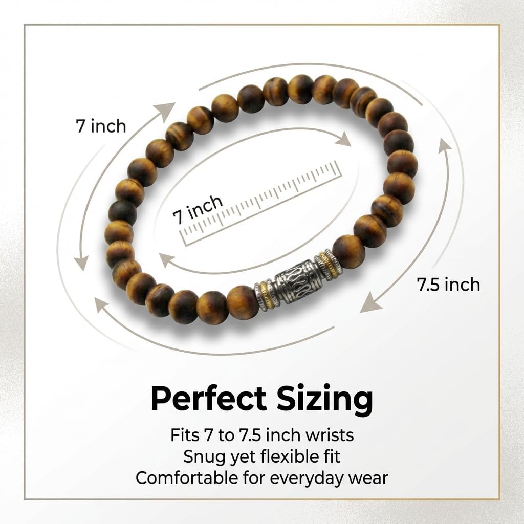 Kartini Studio Tiger's Eye Bracelet, Men's Brushed Tiger's Eye and Stainless Steel Bracelet, Bead Jewelry for Man