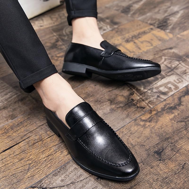 HOOENG Oxford Shoes for Men Slip On Pointed Toe PU Leather Apron Toe Penny Loafer Low Top Rubber Sole Block Heel Casual(Color:Black,Size:7.5)4