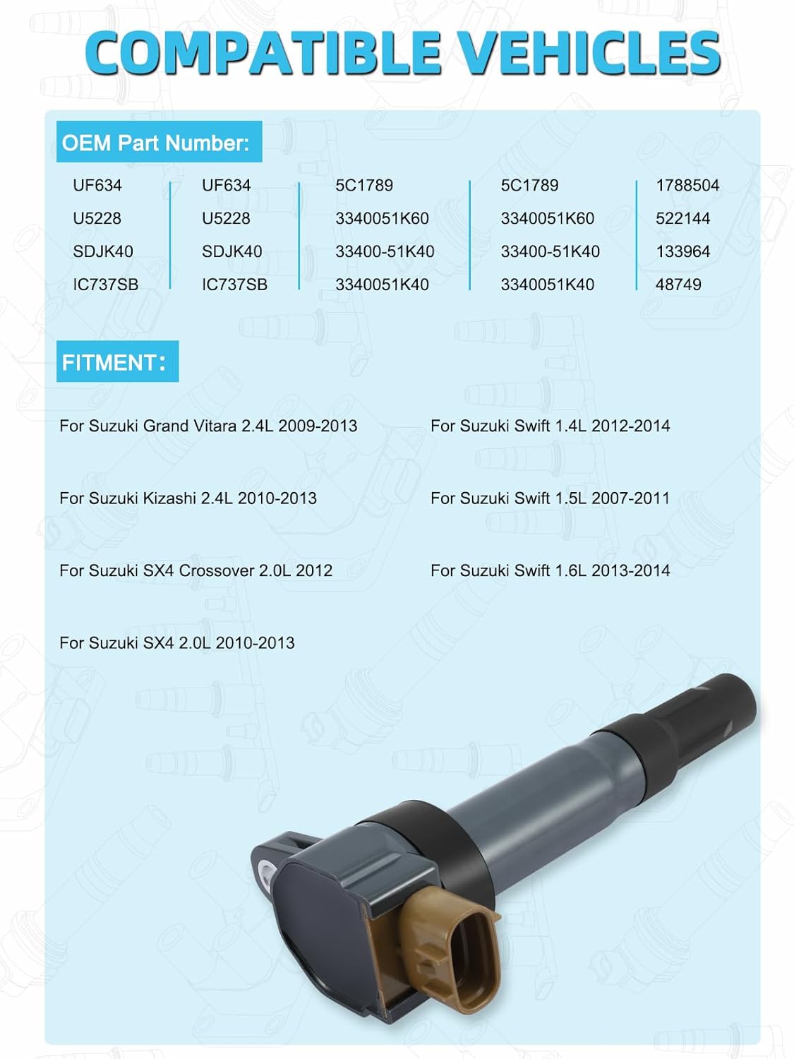 Set of 4 UF634 Ignition Coil Pack (2.0L 2.4L) For Suzuki Grand Vitara Kizashi SX4 Swift, 2007-2014, Replace # GN10615 5C1789 C1732 1788504 133964 33400-51K20 33400-51K40