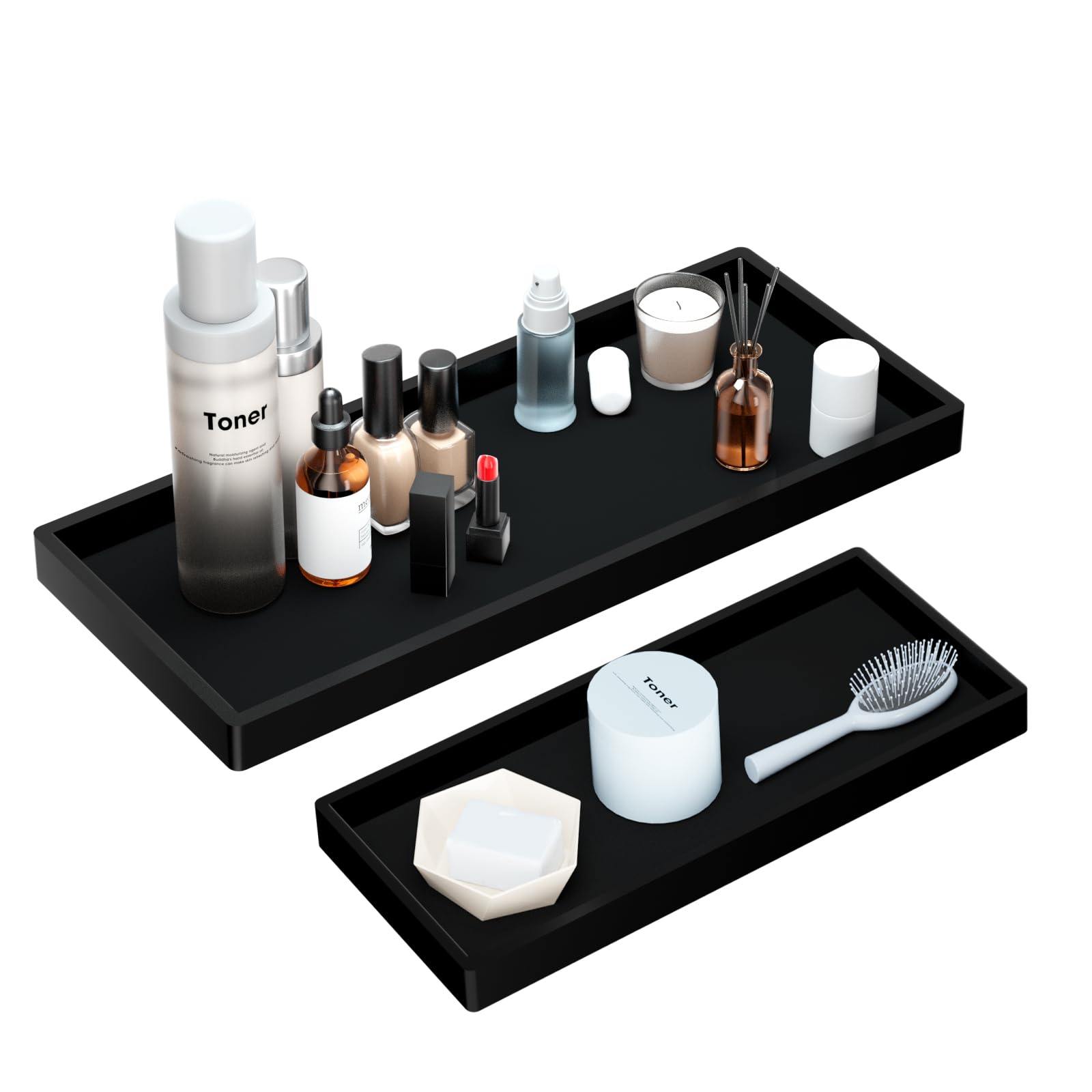 BBK Bathroom Vanity Tray- 2 Pack (7.8" and 11.8") Silicone Bathroom Tray for Counter, for Perfume Key Trinket Ring Soap Organization - Black