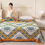SANACYNA Boho Muslin Throw Blanket 100% Cotton 6-Layer Gauze Geometric Bed Blanket Lightweight Soft and Breathable Blanket for Sofa Bed Coverlet Both Sides (Boho Squared Flower, 80 x 90 in)
