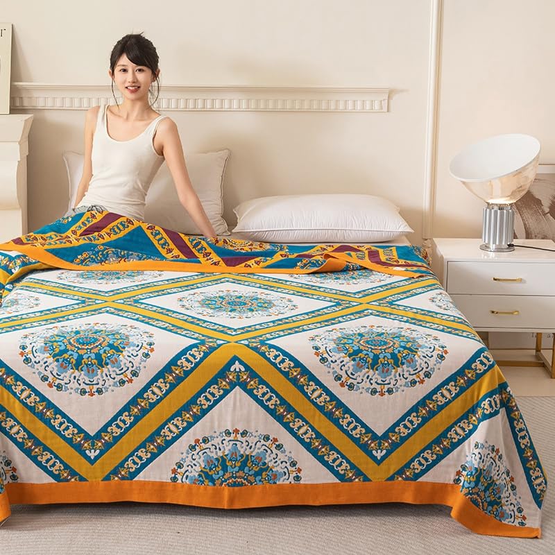 Image of Full 100% Cotton Muslin Boho Blanket for Adults All Seasons 6-Layer Gauze | Reversible Lightweight Breathable Cotton Muslin Throw, Ideal for Sofa Couch Bed, All Seasons, Tapestry, Outdoor Used