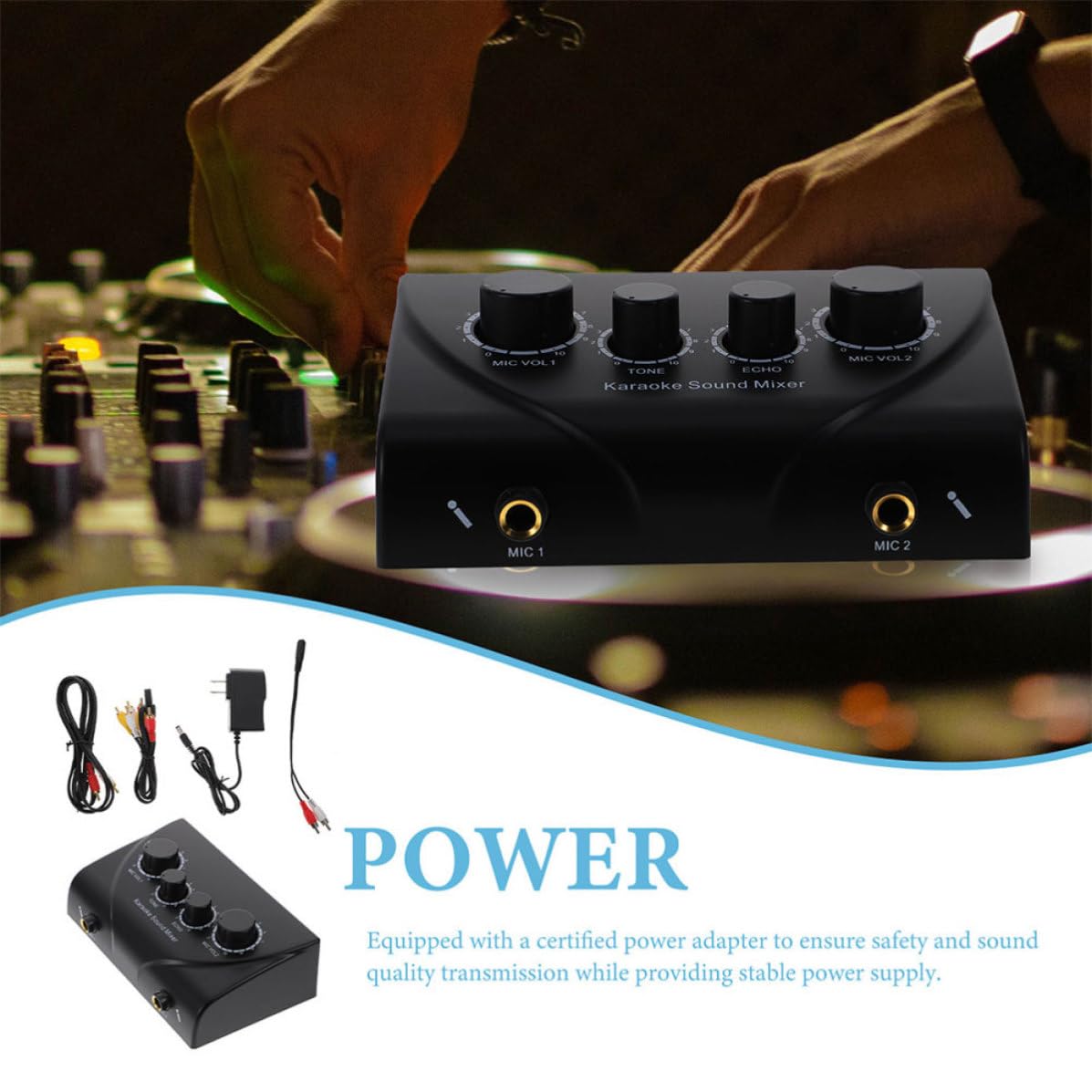 POPETPOP Mélangeur de Karaoké Professionnel Matériel Abs Noir avec Double Entrée Microphone et Câble, Système de Mixage Audio et Composants Électroniques pour Scènes et Familles