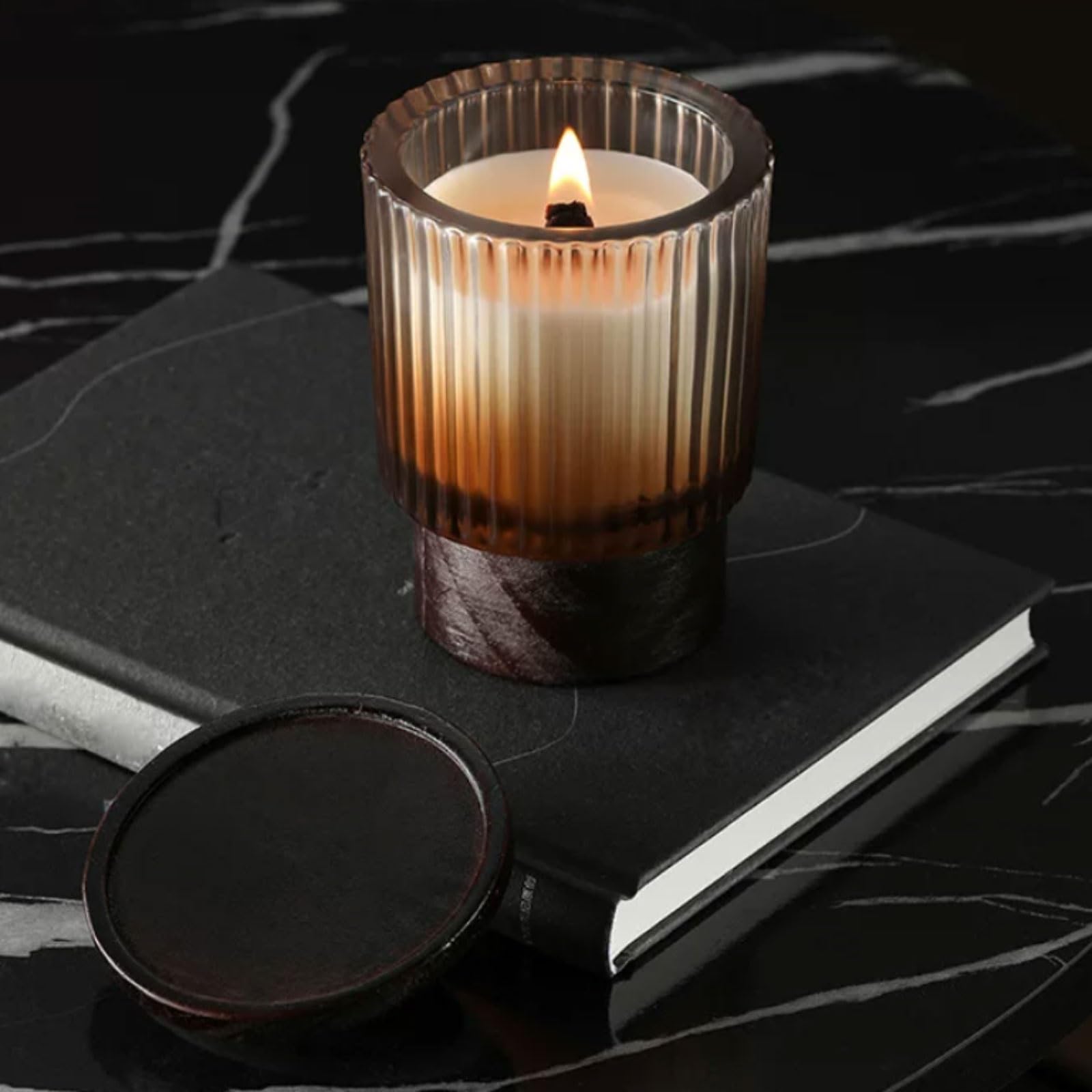 Velas de vidrio y madera hechas con cera de soja y aceites esenciales botánicos, vela de aromaterapia reutilizable de larga duración(Ebony Agarwood)