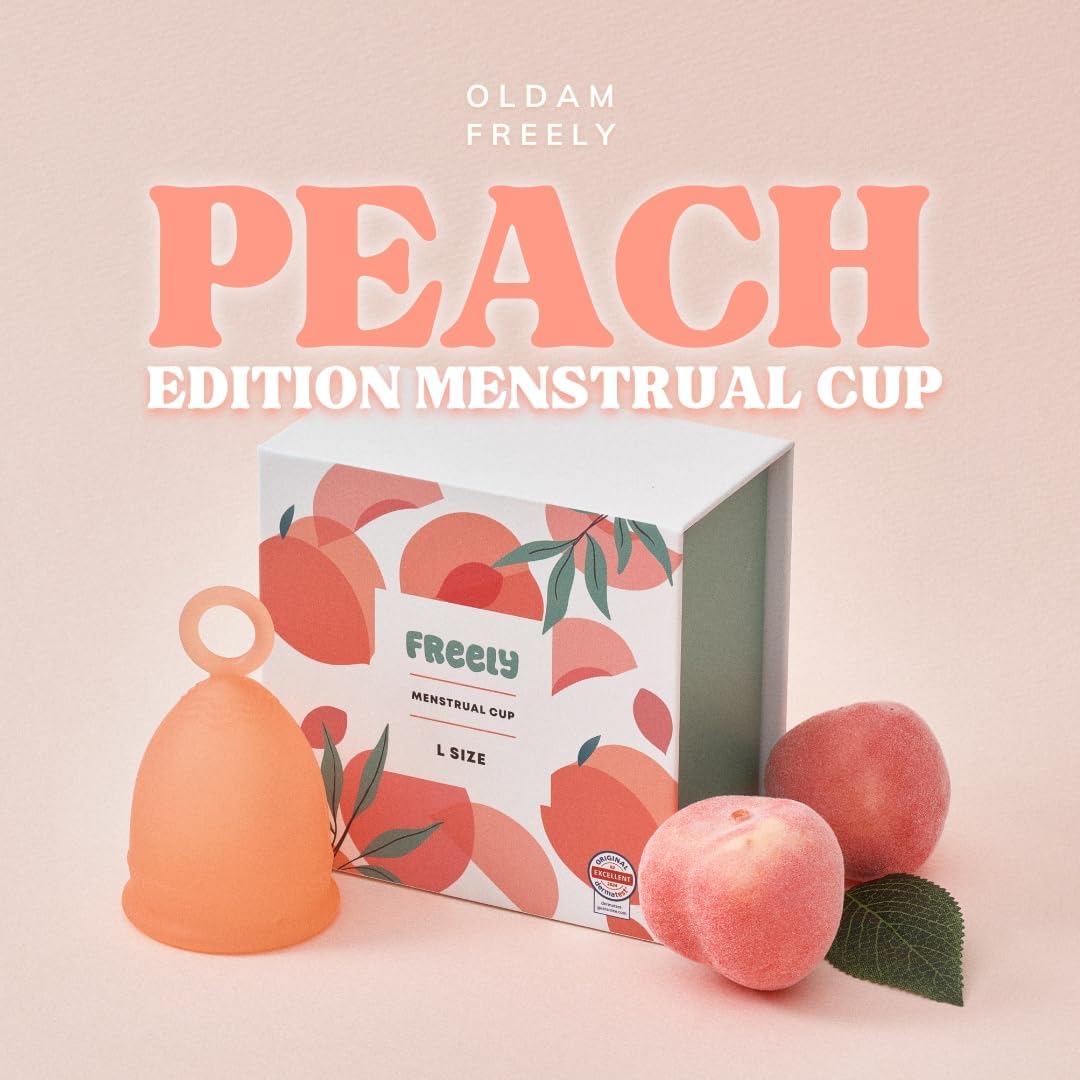 Freely Menstrual Cup – Best Sensitive Reusable Period Cup, Wear for 12 Hours, Tampon and Pad Alternative, Soft Peach (Large)