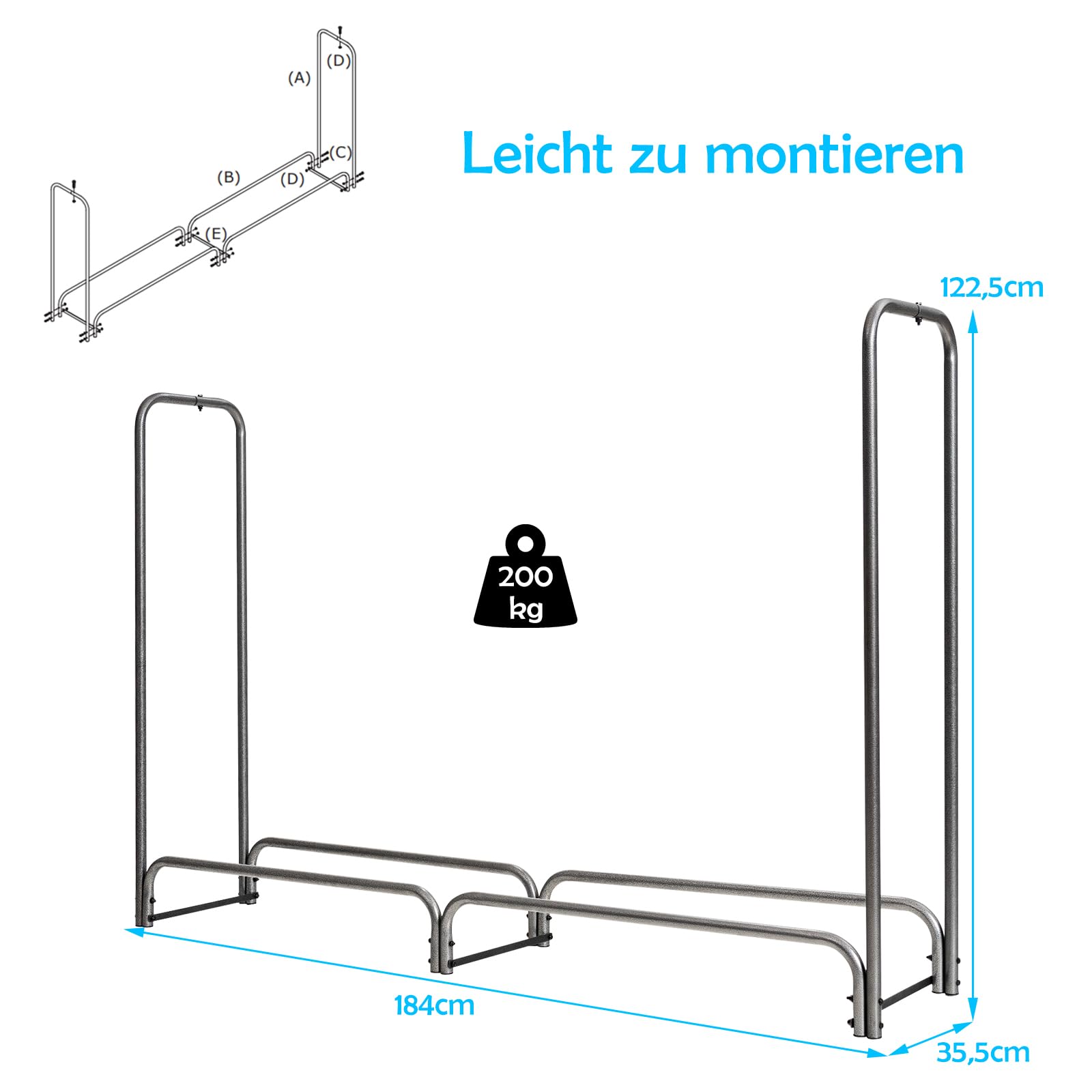 COSTWAY Metalowy regał na drewno kominkowe, 184 x 35,5 x 122,5 cm, regał na drewno opałowe z wodoodporną osłoną, stojak na drewno kominkowe, regał na drewno opałowe do użytku na zewnątrz