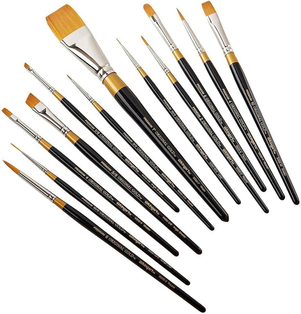 KINGART Premium Original Gold Series Handcrafted Golden Taklon Multimedia Artist Brushes, Set of 12, Black Glosss Handle, for Oil, Acrylic, Watercolor & Gouache Paints