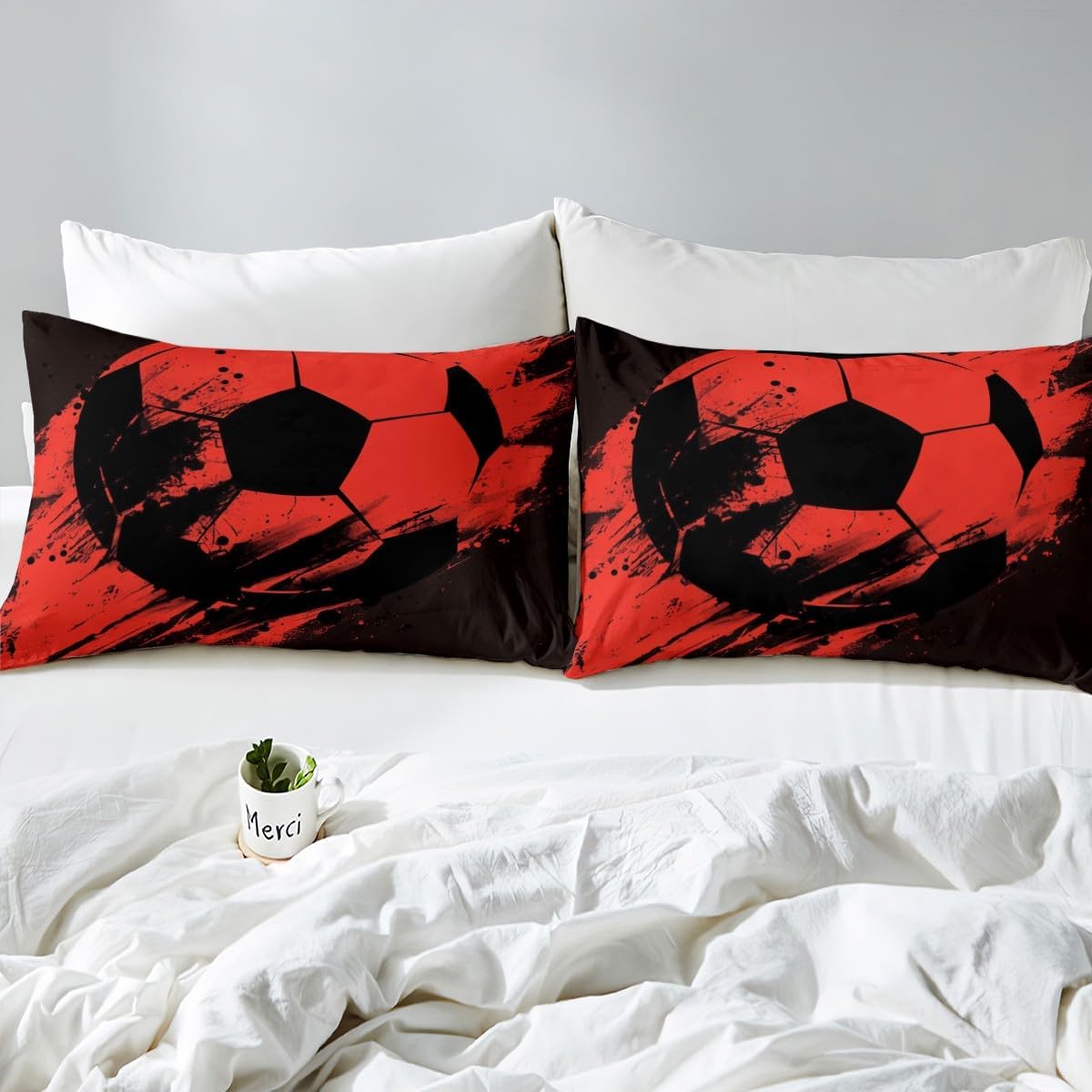 Feelyou Football Duvet Cover Set Soccer Ball Sports Bedding Set for Boys Girls Women Men Football Red Black Comforter Cover Ball Games Decor Bedspread Cover with 2 Pillowcases 3Pcs Bedding Queen