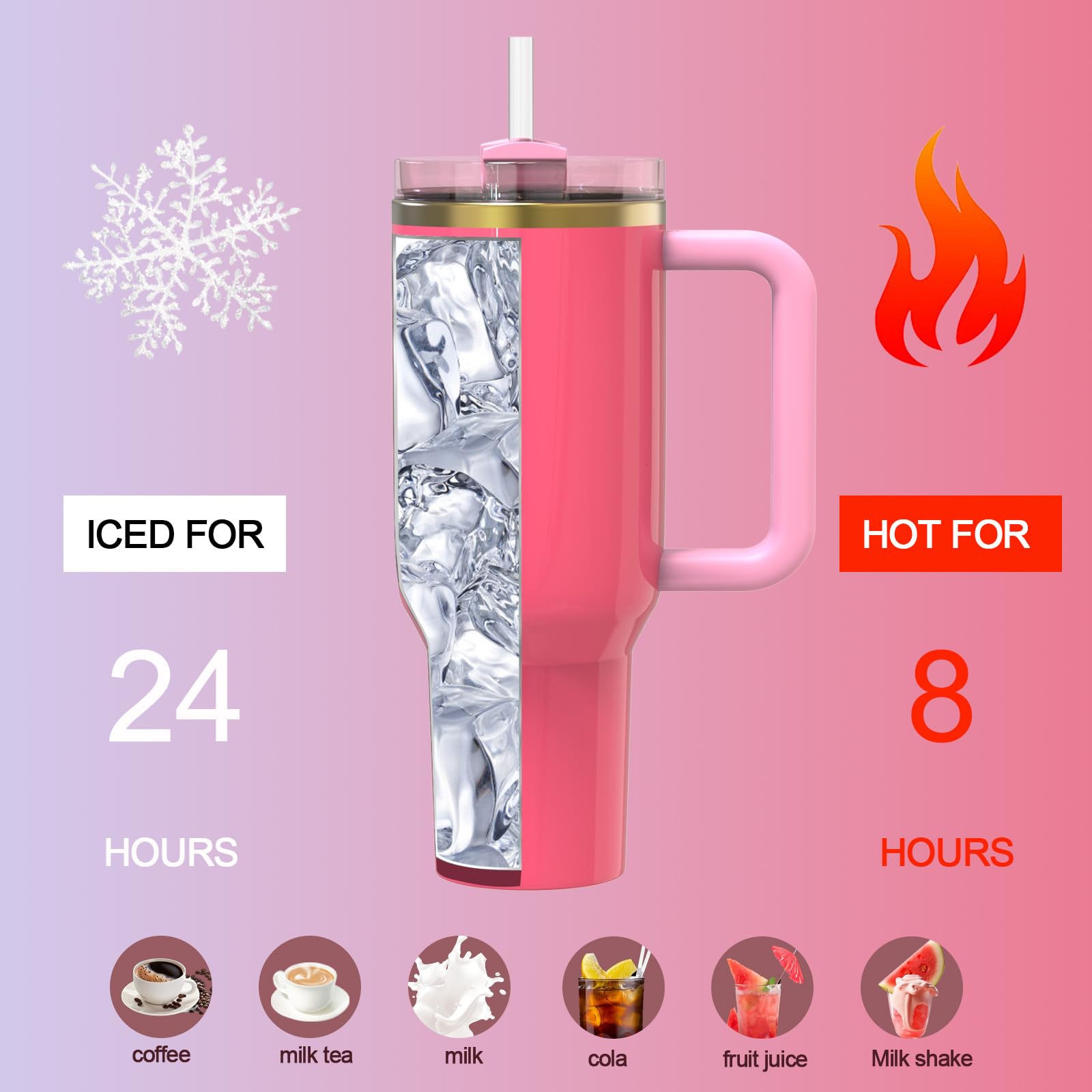 Amazon.com | BAISHIDA 40 oz Tumbler with Handle, Hot Pink insulated  Tumblers with Lid and Straw for Stanley DupeGold borderNo Logo, Stainless  Steel Water Bottle Cup, Gift for Woman Girlfriend: Tumblers &