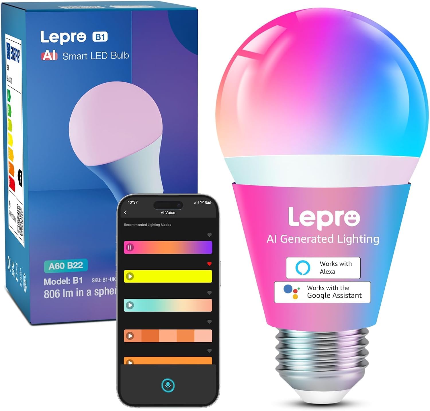 Lepro Lepro B1 AI Lampadina Smart E27, Lampadine Intelligenti Wi-Fi & Bluetooth,RGB&Luce Bianca Regolabile,Controllo Vocale/Sync Musicale, Funziona con Alexa/Google Home,AI Generare Luce per Casa,Festa 1pcs
