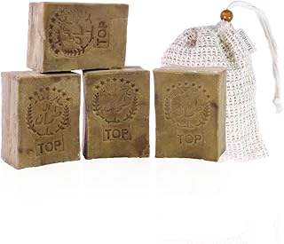 TUMELO Original Aleppo Seife 4 x 200g (800g) 70% Olivenöl 30% Lorbeeröl + Sisal Seifensäckchen, handgemachte Olivenölseife Naturseife