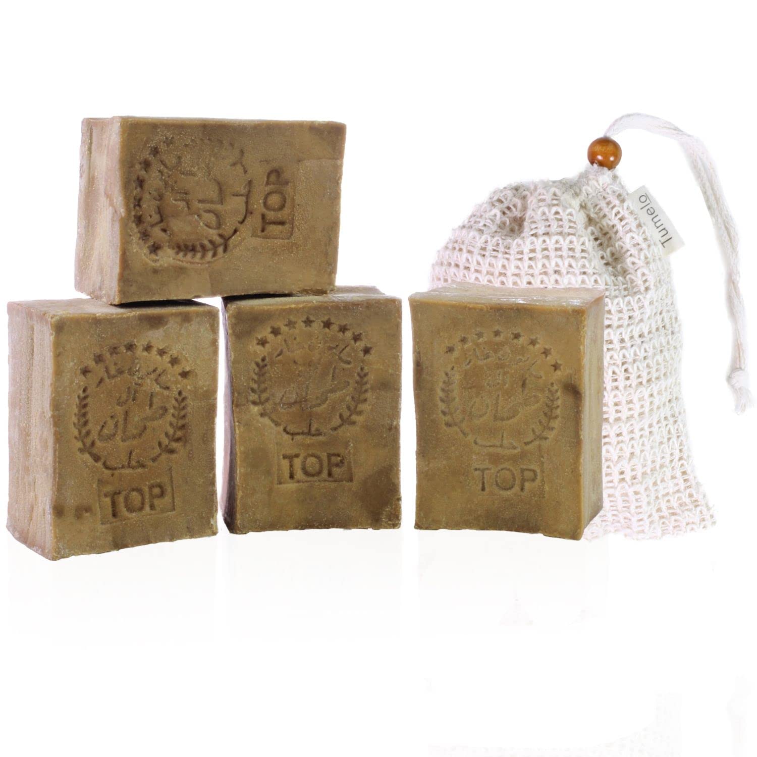 TUMELO Original Aleppo Soap 4 x 200g (800g) 70% Olive Oil 30% Laurel Oil + Soap Pouch, Handmade Olive Oil Soap, Natural Soap