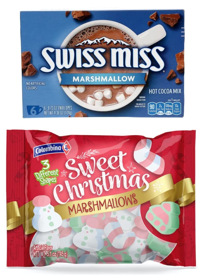 Swiss Miss Hot Chocolate - Chocolate Spoons - Christmas Marshmallows, Vanilla Flavored - A Chocolate Lovers Delight Bundle (Set of 1 Hot Cocoa, Christmas Marshmallows), Brown