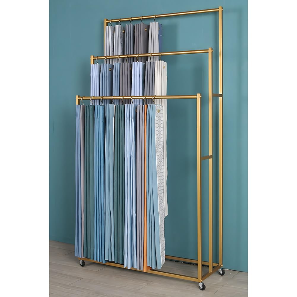 Freestanding 3 Tiers Modern Blanket Rack with Wheels, Fabric Cloth Sample Shawls Display Stands, Floor Standing Metal Scarf Storage Holder, for Bedroom Store Retail(Gold,150x35x180cm)