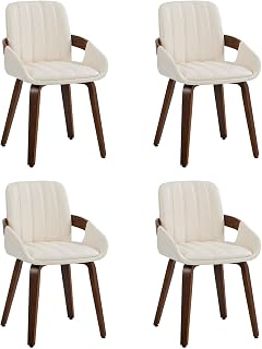 OIKITURE 4PCS Dining Chairs PU Kitchen Chairs Bentwood Armchair Beige | Faux Leather, Bentwood Frame, Contoured Backrest, High-Density Foam, Solid Splayed Legs, Adjustable Floor Protectors