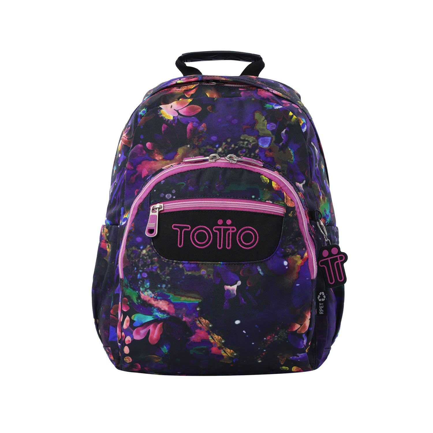 TOTTO - Mochila Escolar, Modelo Gommas, Mochila Mediana, Capacidad 15 L, Bolsillo para PC 14", Bolsillo Botella, Espaldar Ergonómico con Flujo de Aire, Cómodas Correas en S, Estampado Flower Galaxy