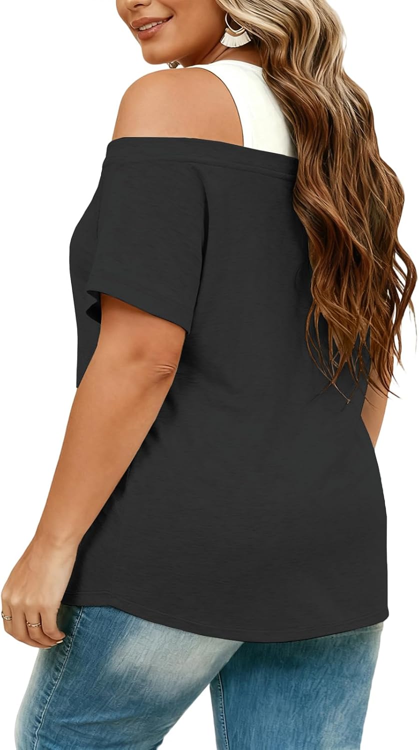 VISLILY Womens-Plus-Size-Summer-Tops Trendy Color Block T Shirts Casual Cold Shoulder Tunics Cute Short Sleeve Blouses XL-5XL