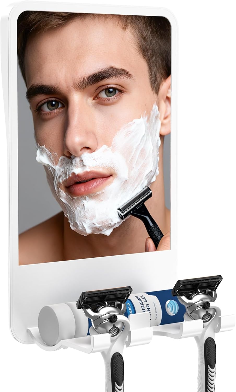 Infitrans Shower Mirror for Shaving Fogless with Multifunctional Storage for Razor and Shaving Foam Canister, Adhesive or Screw Optional Installation,Adjustable Angle, White
