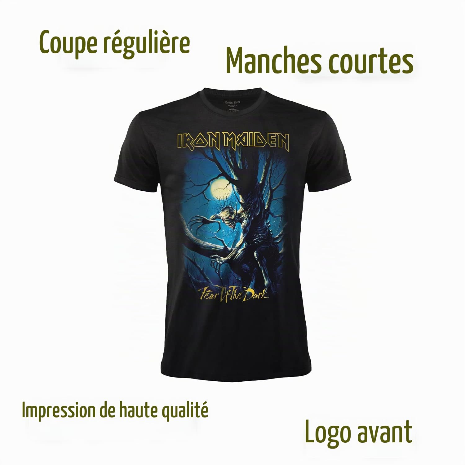 T-shirt Iron Maiden Fear of The Dark. T-shirt Rock Officiel Noir. Bande Heavy Metal. Coton Unisexe. Adulte Garçon.