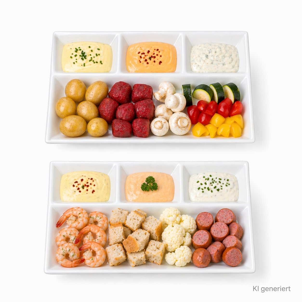 MamboCat Zestaw 6 talerzy do fondue, porcelana, biała, prostokątne, z 4 przegródkami, 23 x 18 cm, podzielone talerze na fondue, raclette, przekąski i dodatki