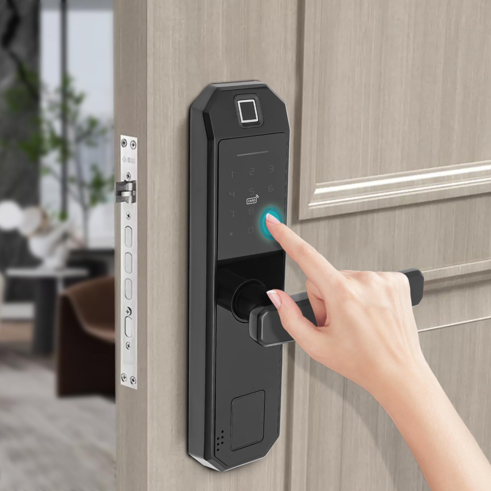 Empreinte digitale électronique, serrure de porte Smartes avec poignée libre et plusieurs méthodes de déverrouillage pour une épaisseur de portes en bois de 35 à 50 mm, portes intérieures