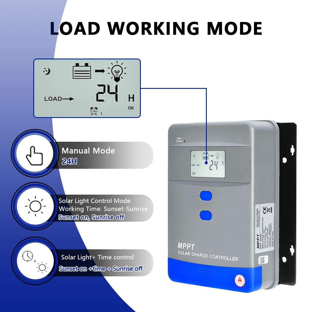Y&H MPPT regulator ładowania Bluetooth, regulator ładowania solarnego 60 A, 12 V/24 V/36 V/48 V, LCD, maks. moc wejściowa panelu PV 3120 W, do ładowania akumulatorów żelowych AGM mokrych i litowych