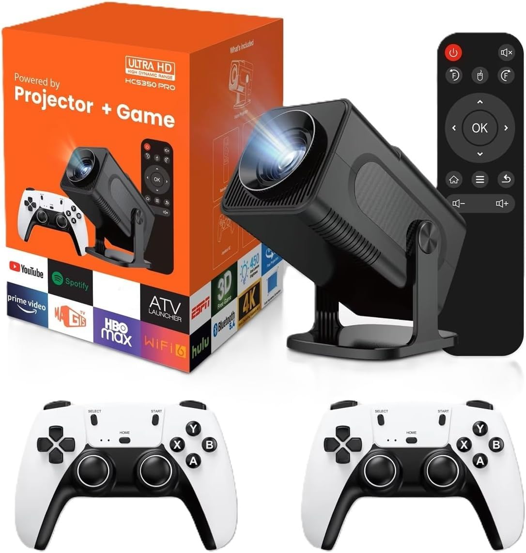 HCS350 Pro Android 11 projektor do gier, karta TF 64 GB, bezprzewodowy kontroler gier, podwójne WiFi, przenośny projektor kina domowego 1920 x 1080P (Hcs350pro czarny)