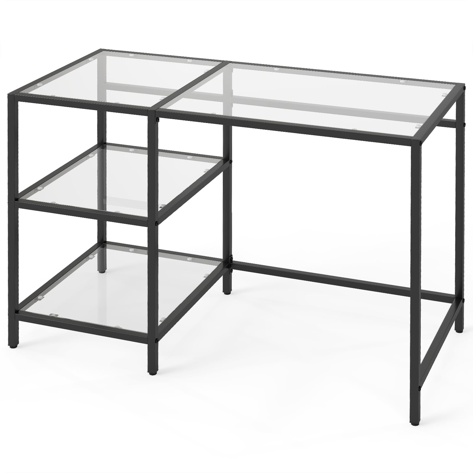 CASART Tempered Glass Computer Desk, Modern Office Desk Writing Table with Open Shelves, Metal Frame PC Laptop Table Workstation for Study Room Living Room (Black)