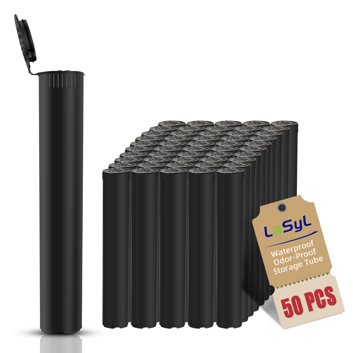 LaSyL 116mm Pre Roll Tubes - 50 Pcs, Waterproof Airtight Odor Sealing Smell Proof Container with Squeeze Pop Top, BPA Free, Black