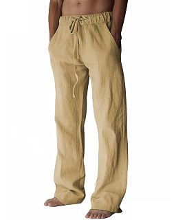 PIDOGYM Mens Cotton Linen Pants, Summer Beach Pants Casual Loose Fit with Elastic Waist Drawstring - Amazon product rated Grade A