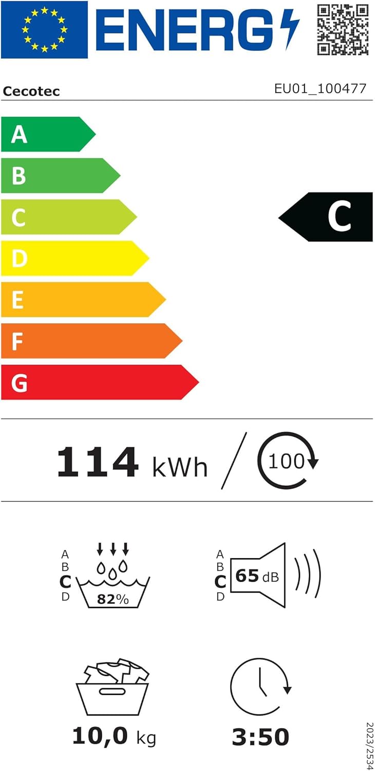 EU Energy Label for Cecotec Heat Pump Dryer showing C energy class, 114 kWh/100 cycles, 10 kg capacity, 65 dB noise, and 3:50 drying time.