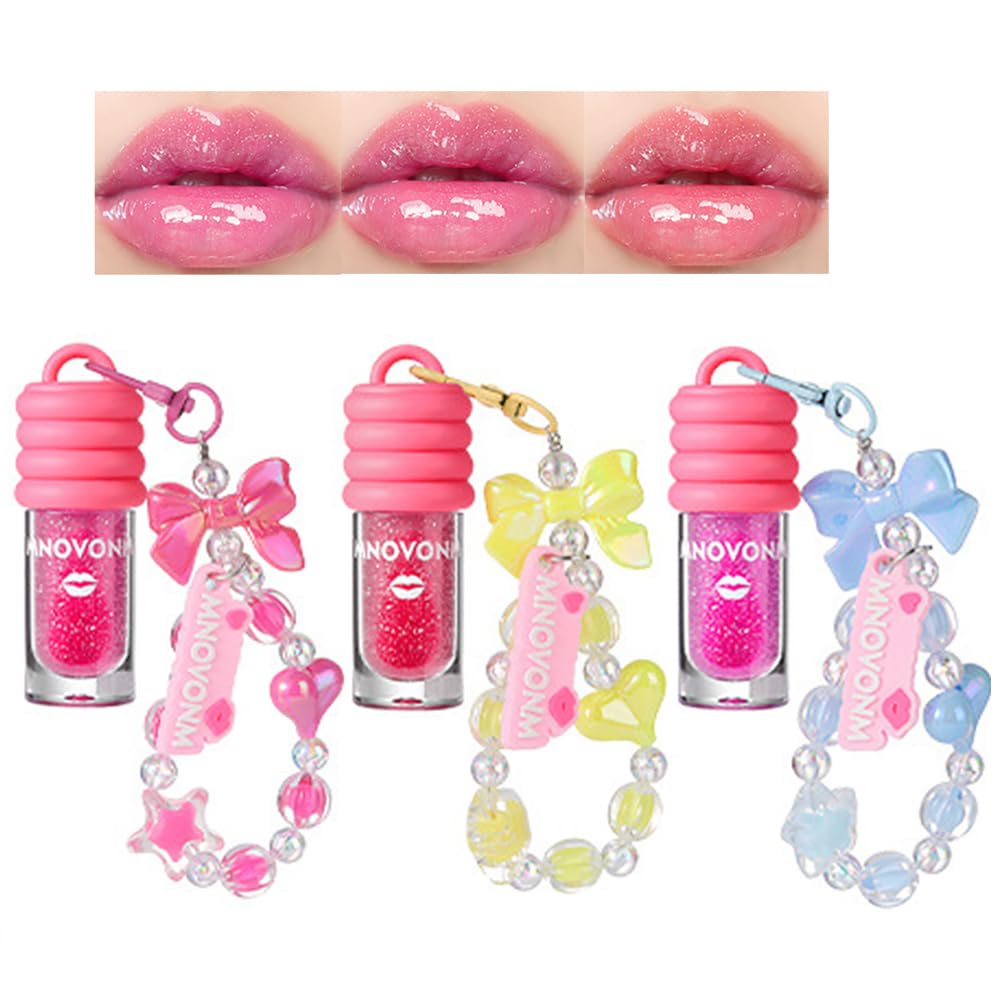 3 Colors Glimmer Tinted Lip Gloss Set, Shimmer Glossy Moisturizing Liquid Lipstick, Lip Make-Up for Girls and Women Party Gift With Bowknot Keychain Design