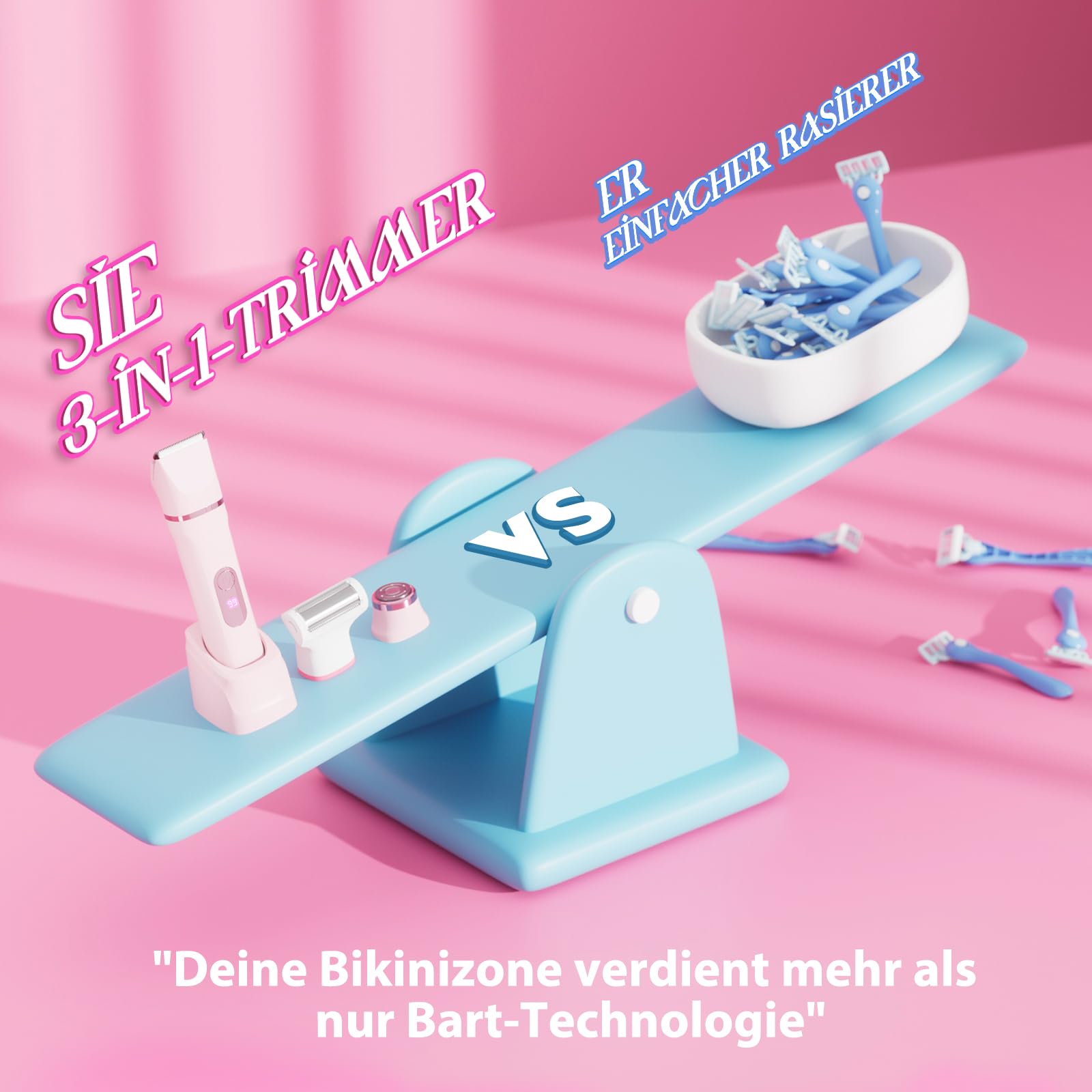 Rasierer Damen, 3-in-1 Intimrasierer für Frauen, für Körper & Bikinizone Trimmer, Gesichtshaarentferner für Frauen, Damenrasierer elektrisch IPX7, USB-Ladestation, Trimmer Damen intimbereich, Rosa