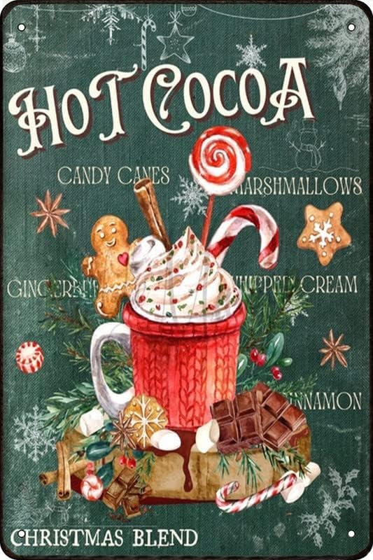 Hot Cocoa Christmas Candy Canes Marshmallows Christmas Blend Funny Vintage Metal Tin Sign Christmas Wall Decor for Home Bar Farmhouuse Restaurants Cafe Pub 8x12 Inch