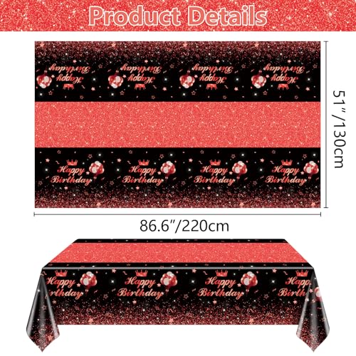 Image of 4 Pcs Happy Birthday Black and Red Party Tablecloths - Red Black Party Decorations Plastic Tablecloth Rectangular Table Covers for Boy Girl Baby Shower Birthday Table Supplies, 51 x 86.6 Inch