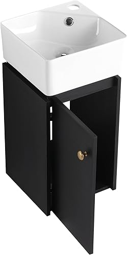 Miniatura 6 de HomVent Tocador de baño de 12 pulgadas con lavabo pequeño, lavabo esquinero, armario estrecho montado en la pared con puerta de cierre suave y parte