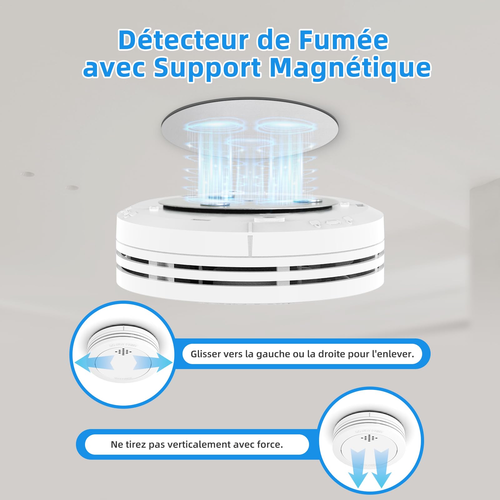 Détecteur de fumée avec Support magnétique, 10 Ans　Alarme Incendie connectée certifiée TÜVRheinland avec Batterie remplaçable, Alarme sonore de 85 DB, Fonction Silence pour la Maison - 3 pièces