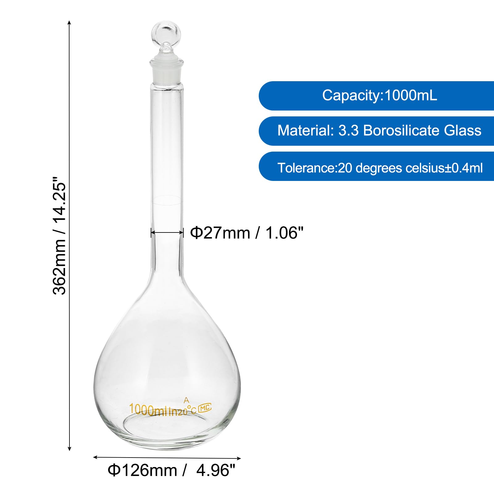 PATIKIL Fiole Jaugée de 1000 ml en Verre Borosilicaté 3.3 avec Bouchon en Verre, Tolérance de 0.8 ml pour les Expériences de Laboratoire, Transparente