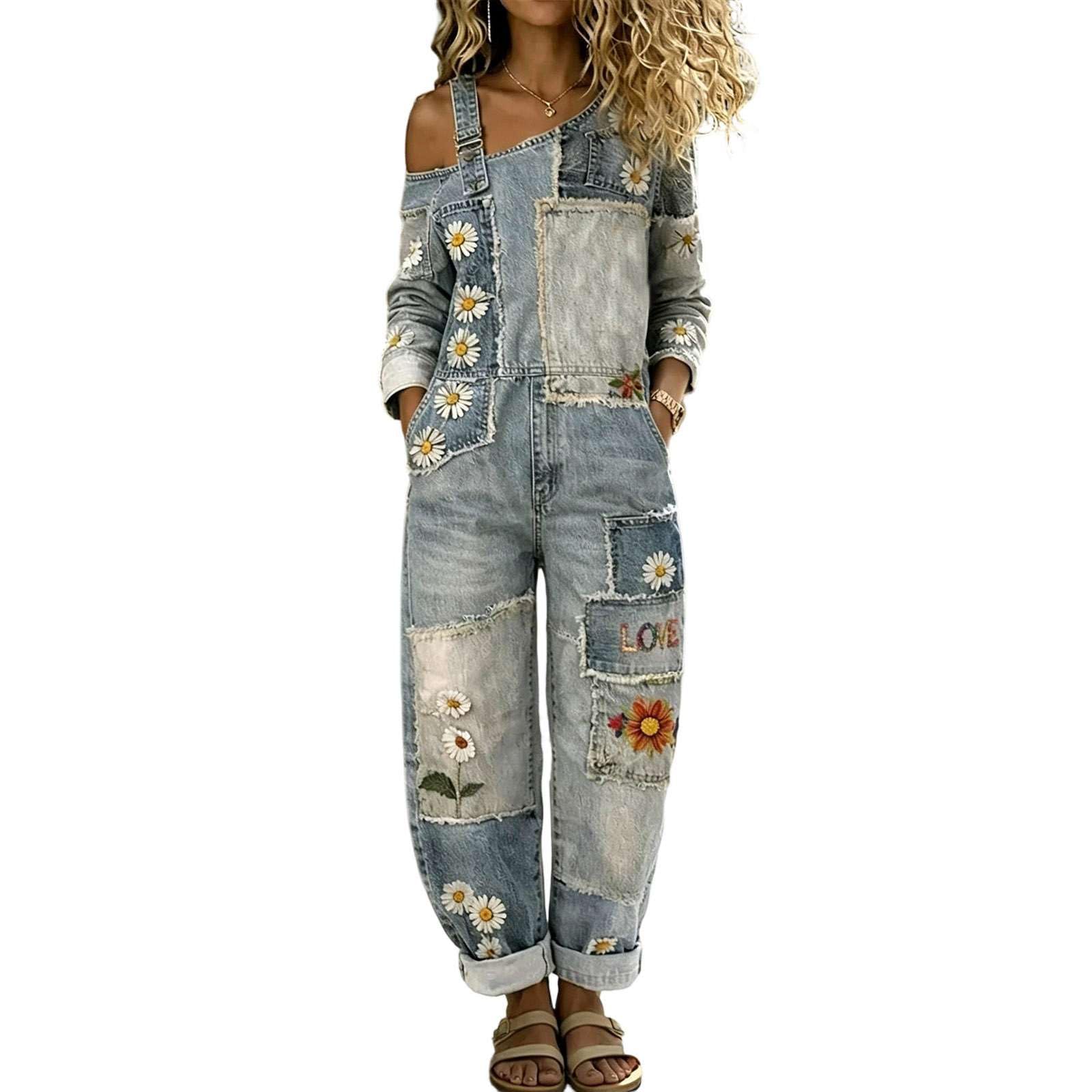 Jeans Latzhose Damen Jumpsuit Denim Overall Herbst Boho Retro