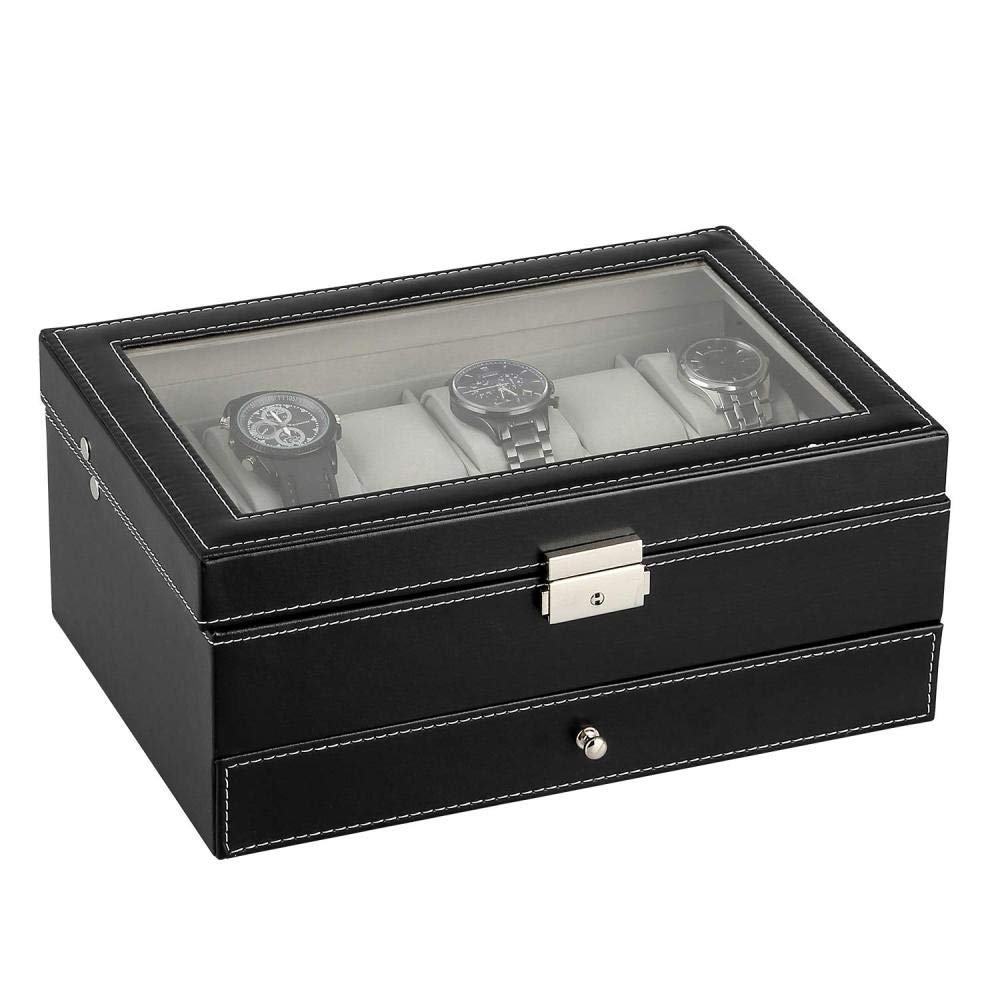 Caja de reloj con tapa de cristal para 12 relojes, joyería de doble capa, caja de almacenamiento para relojes, colección de cajas para hombres y mujeres, soporte organizador de regalo