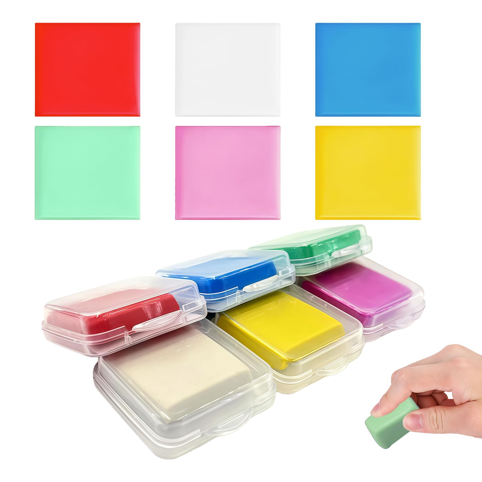 Set de 6 gomas de borrar moldeables, colores vibrantes (azul, blanco, rojo, amarillo, rosa y verde), 3.2 x 3.5 x 1 cm, ideal para artistas, estudiantes y proyectos creativos