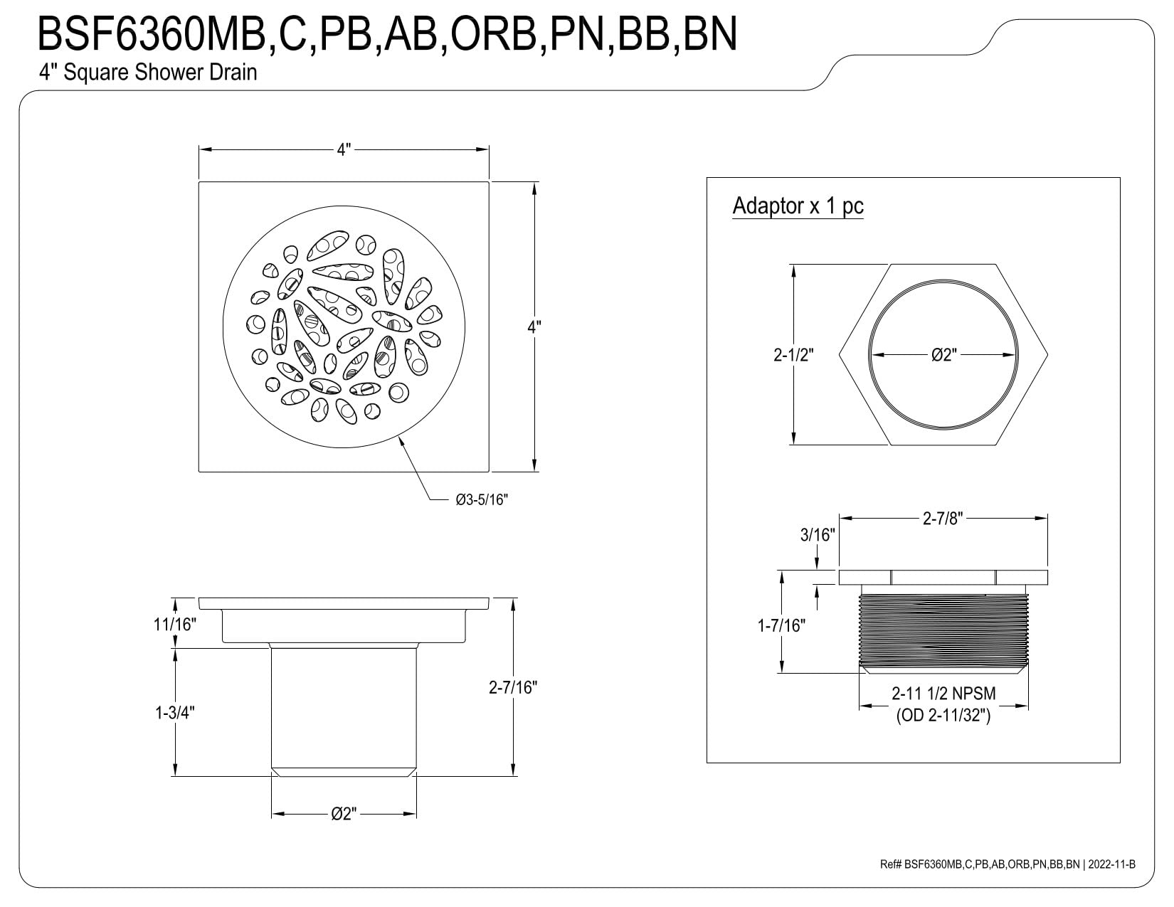 Kingston Brass BSF6360AB Su Yolu Çiçekli 10,16 cm Kare Izgara Duş Tahliyesi, Antik Pirinç
