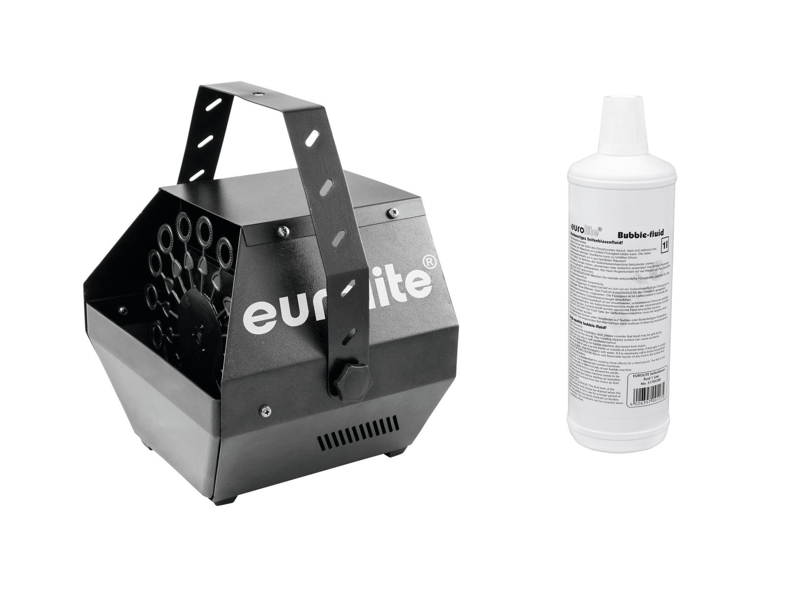EUROLITE Set B-100 Seifenblasenmaschine schwarz DMX + Seifenblasenfluid 1l | DMX-Seifenblasenmaschine, für hängende und stehende Montage inklusive 1l Seifenblasenfluid