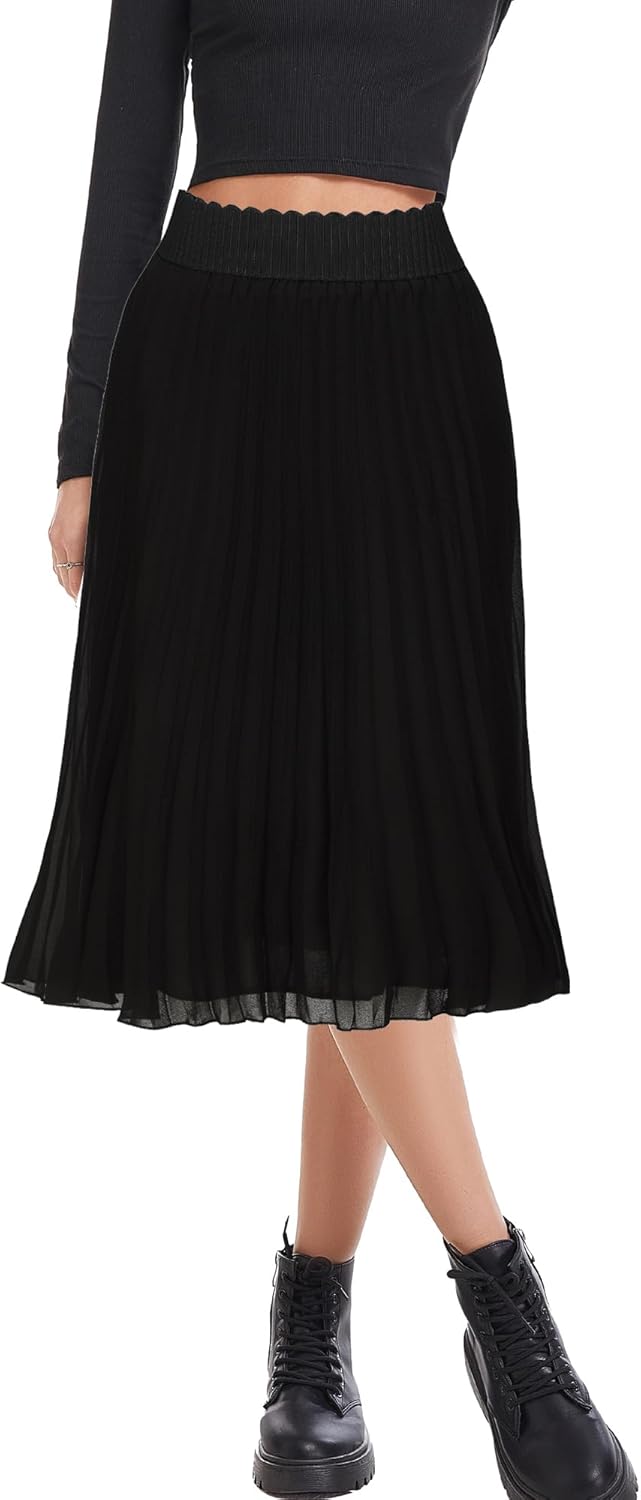 TEERFU Womens Chiffon High Waist Skirt Pleated A-Line Swing Elastic Shirring Midi Length - Image 5