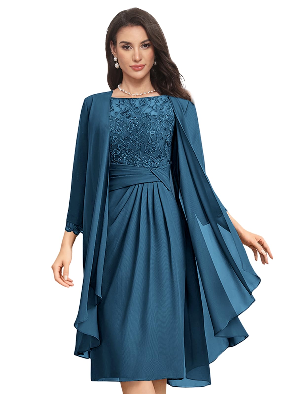 2 Piece Mother of The Bride Dress for Wedding Laces Applique Chiffon Pleated Grandmother of Groom Gown with