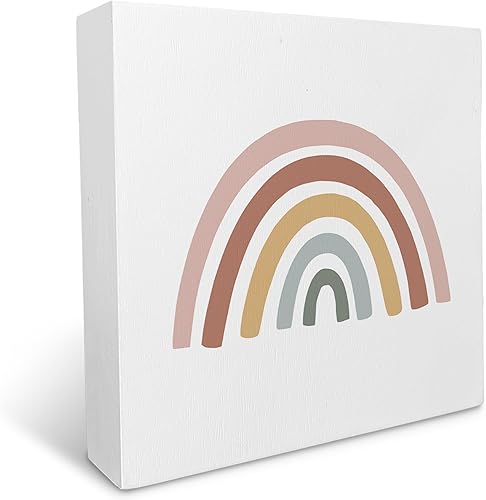 Decoración de escritorio bohemia, caja de madera de arcoíris neutro, estilo rústico, estilo granja, bloque de madera, decoración para el hogar