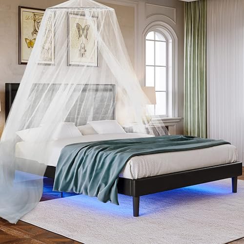 Miniatura 4 de DNChuan Cama tapizada de piel sintética tamaño Queen con barra de luz que cambia de color con control remoto, cabecera con respaldo de ala, con