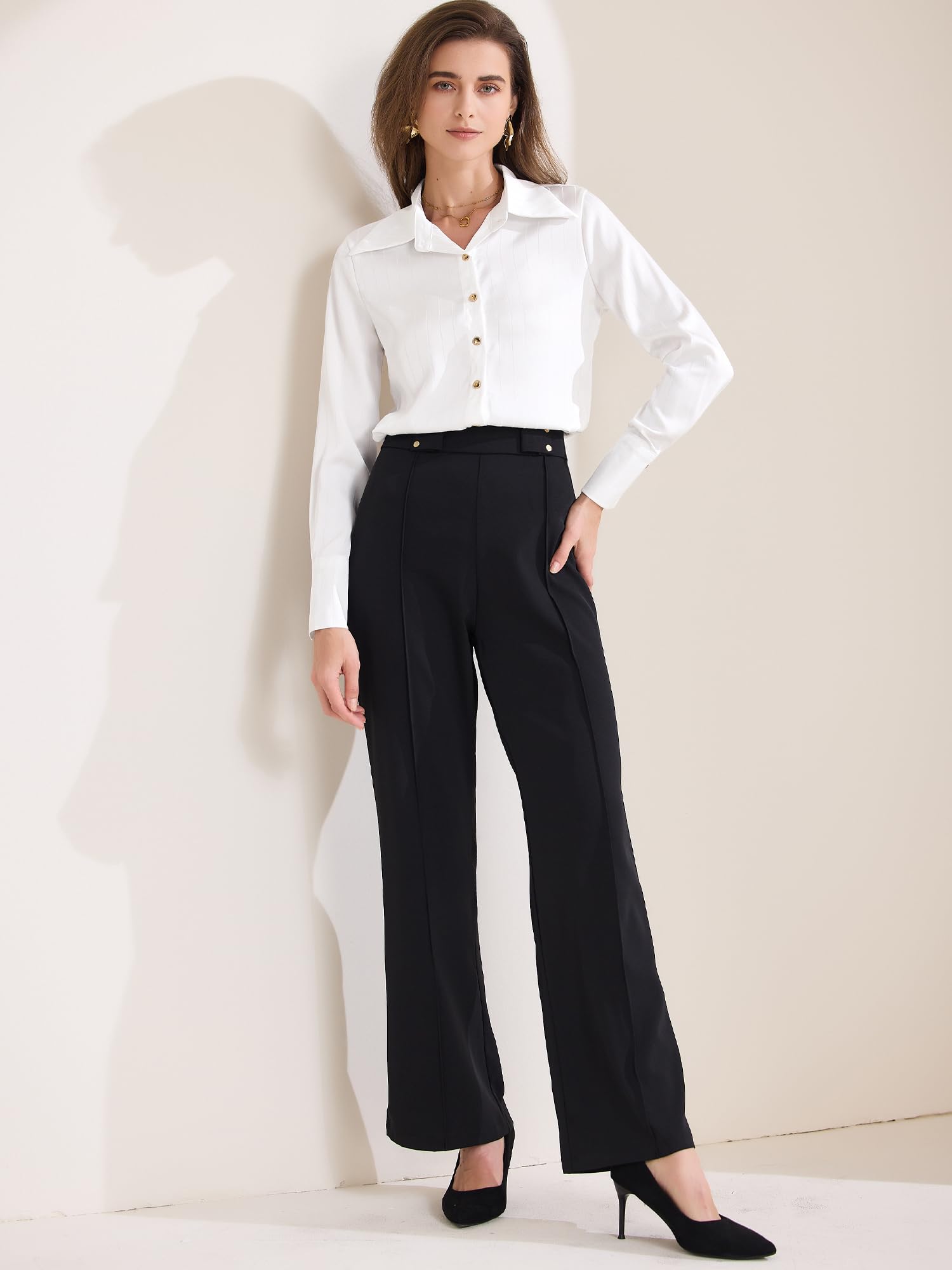 Allegra K Chemisier en satin à manches longues et col pointu pour femme