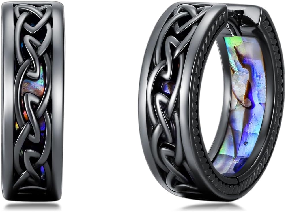 Viking Rune Hoop Earrings for Men Sterling Silver Celtic Hoop Earrings Black Nordic Viking Jewelry Gifts