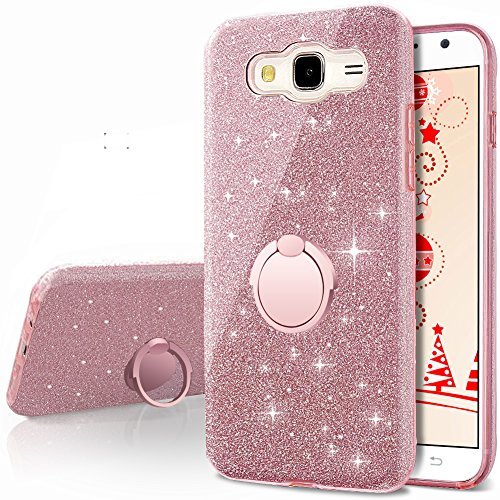 Galaxy J7 2015 Case,Silverback Girls Bling Glitter Sparkle Cute Phone Case with 360 Rotating Ring Stand, Soft TPU Outer Cover + Hard PC Inner Shell Skin for Samsung Galaxy J7 2015 -Rose Gold